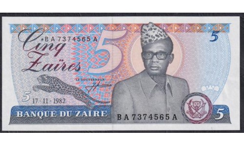 Заир 5 заир 1982 год (ZAIRE  5 zaires 1982) P26a: UNC