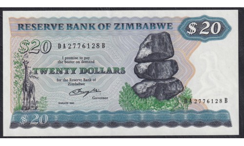Зимбабве 20 долларов 1982 год, РЕДКОСТЬ (ZIMBABWE 20 dollars 1982, Rare) P 4b: UNC