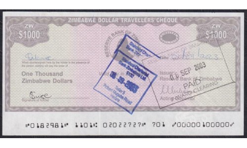 Зимбабве 1000 долларов 2003 год, Законченный, нечастый (ZIMBABWE 1000 dollars  2003) P 15: UNC