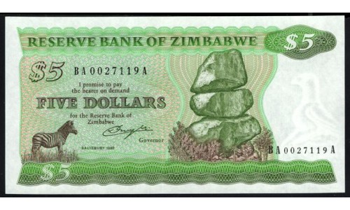 Зимбабве 5 долларов 1980 года, Солсбери (ZIMBABWE 5 dollars 1980, Solisbury) P 2a: UNC