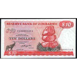 Зимбабве 10 долларов 1980 года, Солсбери, CA 0000120 A, Короткий номер!!! (ZIMBABWE 10 dollars 1980, Solisbury) P 3a: UNC