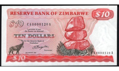 Зимбабве 10 долларов 1980 года, Солсбери, CA 0000120 A, Короткий номер!!! (ZIMBABWE 10 dollars 1980, Solisbury) P 3a: UNC