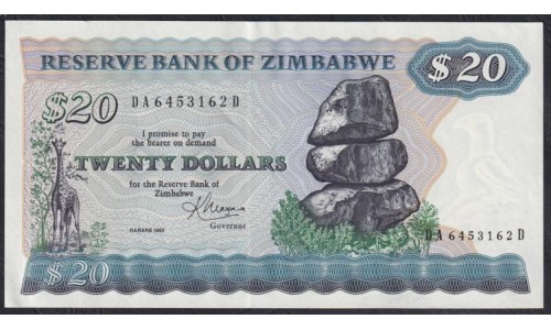 Зимбабве 20 долларов 1983 год, DA 6453162 D (ZIMBABWE 20 dollars 1983) P 4c: UNC
