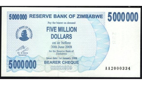 Зимбабве 5 миллионов долларов 2008 год (ZIMBABWE 5 million dollars  2008) P 54: UNC