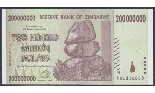 Зимбабве 200 миллионов долларов 2008 год, Счастливый Номер!!! АА1318888 (ZIMBABWE 200 million dollars 2008) P 81: UNC