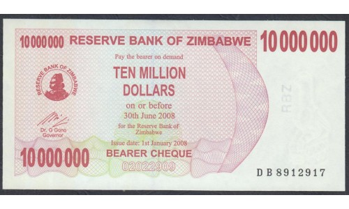 Зимбабве 10 миллионов долларов 2008 год (ZIMBABWE 10 million dollars 2008 g.) P55:Unc