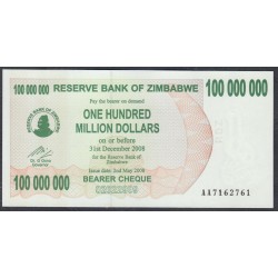 Зимбабве 100 миллионов долларов 2008 год, Серия АА (ZIMBABWE 100 million dollars 2008) P 58: UNC