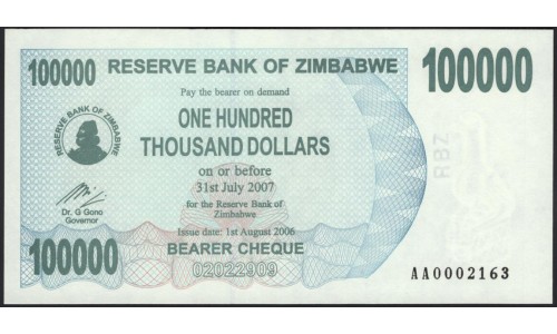 Зимбабве 100000 долларов 2006, РЕДКОСТЬ! (ZIMBABWE 100000 dollars 2006) P 48a: UNC