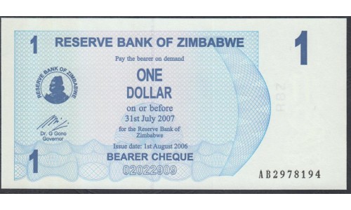 Зимбабве 1 доллар 2006 год (ZIMBABWE 1 dollar  2006 g.) P37: UNC