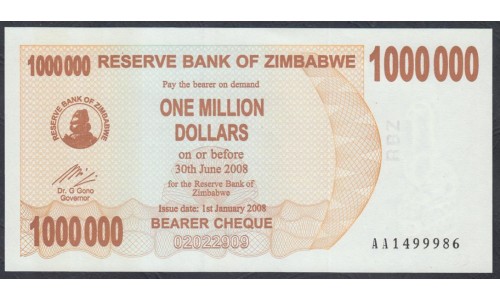 Зимбабве 1 миллион долларов 2008 год (ZIMBABWE 1 million dollars  2008) P 53: UNC