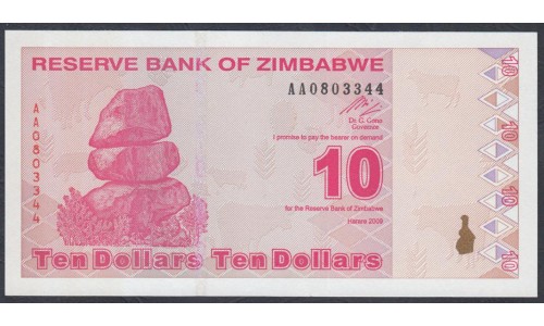 Зимбабве 10 долларов 2009 год (ZIMBABWE 10 dollars 2009g.) P 94: UNC