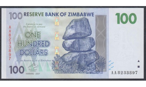 Зимбабве 100 долларов 2007 год (ZIMBABWE 100 dollars  2007) P 69: UNC
