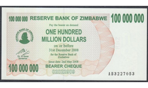 Зимбабве 100 миллионов долларов 2008 год (ZIMBABWE 100 million dollars 2008 g.) P58:Unc