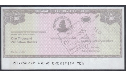 Зимбабве 1000 долларов 2004 год (ZIMBABWE 1000 dollars  2004) P 15: UNC