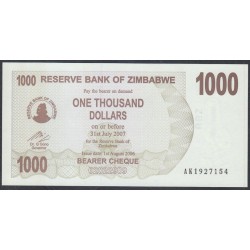 Зимбабве 1000 долларов 2006 год (ZIMBABWE 1000 dollars  2006) P 44: UNC