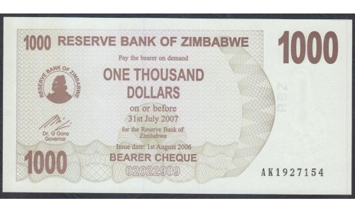 Зимбабве 1000 долларов 2006 год (ZIMBABWE 1000 dollars  2006) P 44: UNC