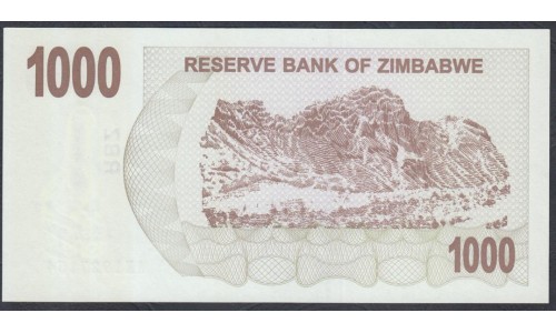 Зимбабве 1000 долларов 2006 год (ZIMBABWE 1000 dollars  2006) P 44: UNC