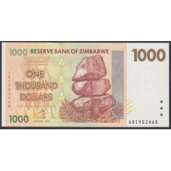 Зимбабве 1000 долларов 2007 год (ZIMBABWE 1000 dollars  2007) P 71: UNC