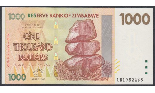 Зимбабве 1000 долларов 2007 год (ZIMBABWE 1000 dollars  2007) P 71: UNC