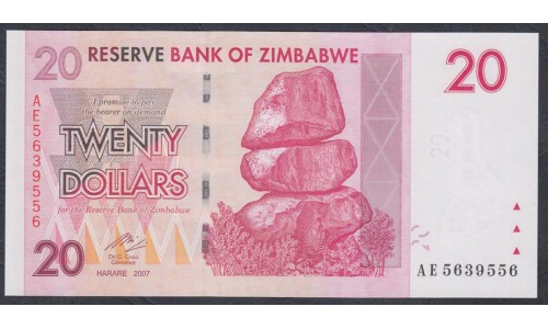 Зимбабве 20 долларов 2007 год (ZIMBABWE 20 dollars  2007) P 68: UNC