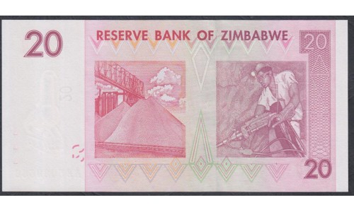 Зимбабве 20 долларов 2007 год (ZIMBABWE 20 dollars  2007) P 68: UNC