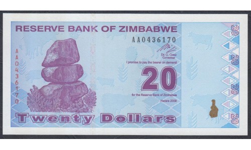 Зимбабве 20 долларов 2009 год (ZIMBABWE 20 dollars 2009) P 95: UNC