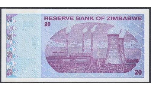 Зимбабве 20 долларов 2009 год (ZIMBABWE 20 dollars 2009) P 95: UNC