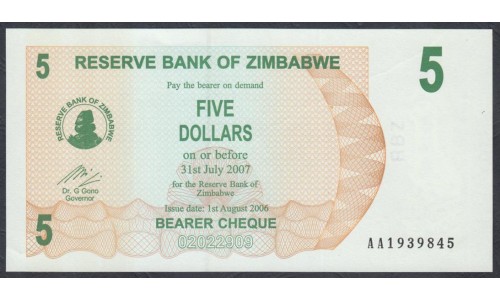 Зимбабве 5 долларов 2006 год (ZIMBABWE 5 dollars  2006) P 38: UNC