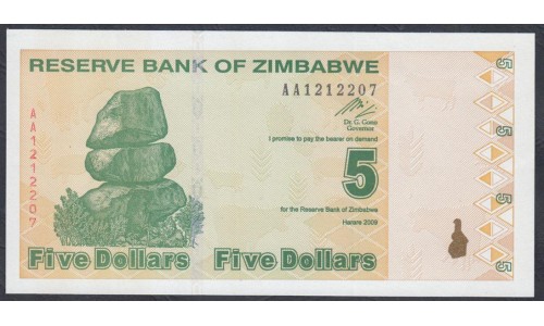 Зимбабве 5 долларов 2009 год (ZIMBABWE 5 dollars 2009) P 93: UNC