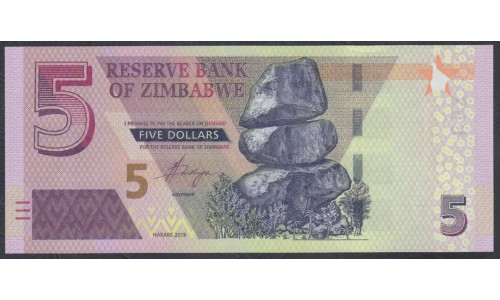 Зимбабве 5 долларов 2019 год (ZIMBABWE 5 dollars 2019) P 100(2): UNC