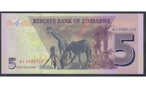 Зимбабве 5 долларов 2019 год (ZIMBABWE 5 dollars 2019) P 100(2): UNC