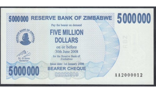 Зимбабве 5 миллионов долларов 2008 год (ZIMBABWE 5 million dollars  2008) P 54: UNC