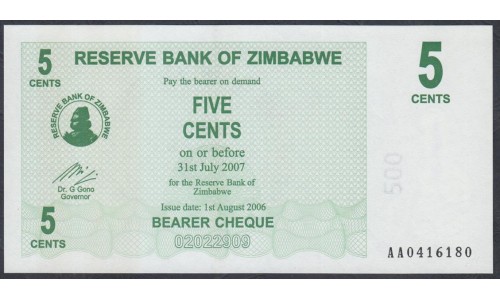 Зимбабве 5 центов 2006 год (ZIMBABWE 5 cents 2006) P 34: UNC