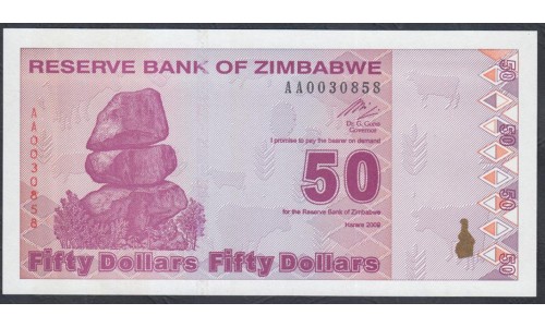 Зимбабве 50 долларов 2009 год (ZIMBABWE 50 dollars 2009) P 96: UNC