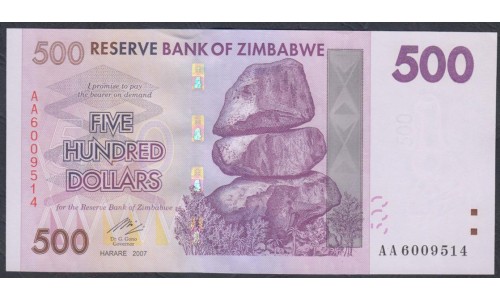 Зимбабве 500 долларов 2007 год (ZIMBABWE 500 dollars  2007) P 70: UNC