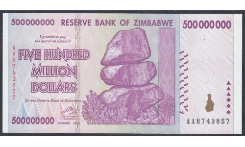 Зимбабве 500 миллионов долларов 2008 год, серия АА (ZIMBABWE 500 million dollars 2008) P 82: UNC