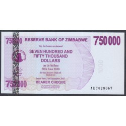 Зимбабве 750000 долларов 2007 год (ZIMBABWE 750000 dollars  2007) P 52: UNC