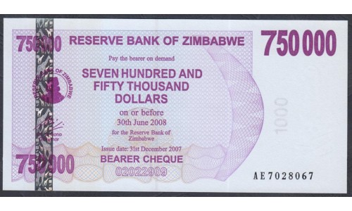 Зимбабве 750000 долларов 2007 год (ZIMBABWE 750000 dollars  2007) P 52: UNC