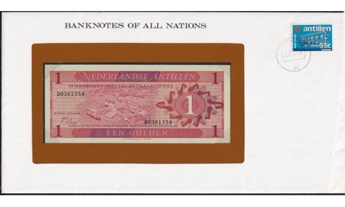 Нидерландские Антильские Острова 1 гульден 1970 года в конверте с маркой (NETHERLANDS ANTILLES 1 Gulden 1970) P 20a : UNC