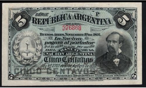 Аргентина 5 Центаво 01.11.1891 года (ARGENTINA 5 Centavos 01.11.1891) P 209(3): UNC-