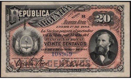 Аргентина 20 Центаво 1883(ARGENTINA 20 Centavos 1883) P 7a : XF/aUNC