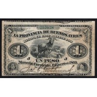Аргентина 1 песо  01.02.1869 года, 257078, Провинция Буэнос Айрес (ARGENTINA - Provincia de Buenos Ayres 1 peso 01.02.1869) PS 481: VF