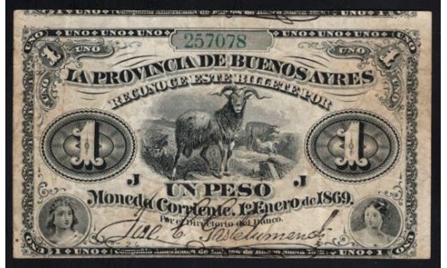 Аргентина 1 песо  01.02.1869 года, 257078, Провинция Буэнос Айрес (ARGENTINA - Provincia de Buenos Ayres 1 peso 01.02.1869) PS 481: VF