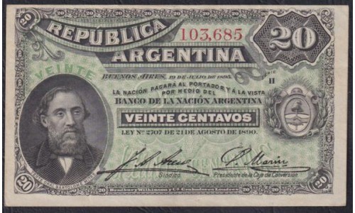 Аргентина 20 Центаво 19.07.1895 года (ARGENTINA 20 Centavos 19.07.1995) P 229: XF/aUNC