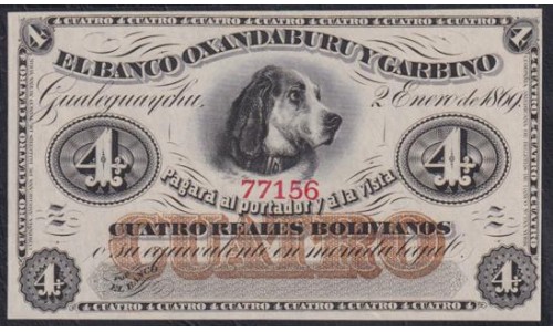 Аргентина 4 Риеля Боливианос 01.12.1867 года, 77156 (ARGENTINA - Banco Oxandaburu y Garbino 4 Reales Bolivianos, Banco Oxandaburu y Garbino  01.12.1867) PS 1781: UNC