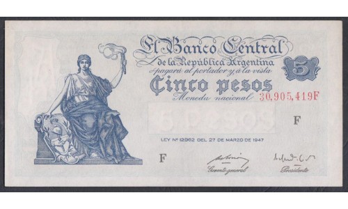 Аргентина 5 песо (1949-51) литера F (ARGENTINA 5 peso (1949-51)) P 258: UNC-/UNC