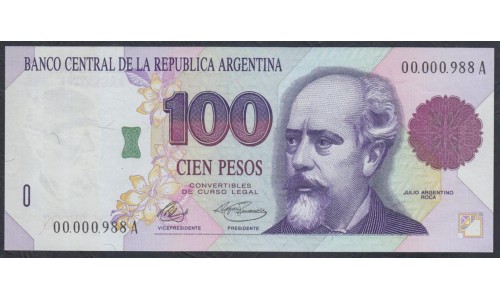 Аргентина 100 песо (1992-1997), серия A, Красивый Короткий Номер (ARGENTINA 100 peso (1992-1997) series A) P 345a: UNC