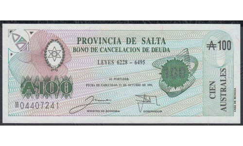 Аргентина 100 аустралей 1991 год (Локальный выпуск Сальта) (ARGENTINA 100 australes 1991 year (Local issue Salta) :Unc