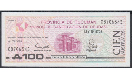 Аргентина 100 аустралей 1991 год (Локальный выпуск Тукуман) (ARGENTINA 1 australes 1991 year (Local issue Tucuman) :Unc