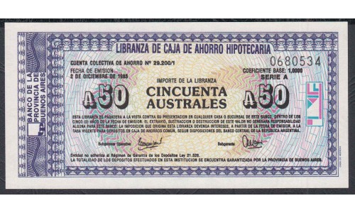 Аргентина 50 аустралей 1985 год (Локальный выпуск Буэнос Айрес) (ARGENTINA 50 australes 1985 year (Local issue Buenos Aires) :Unc